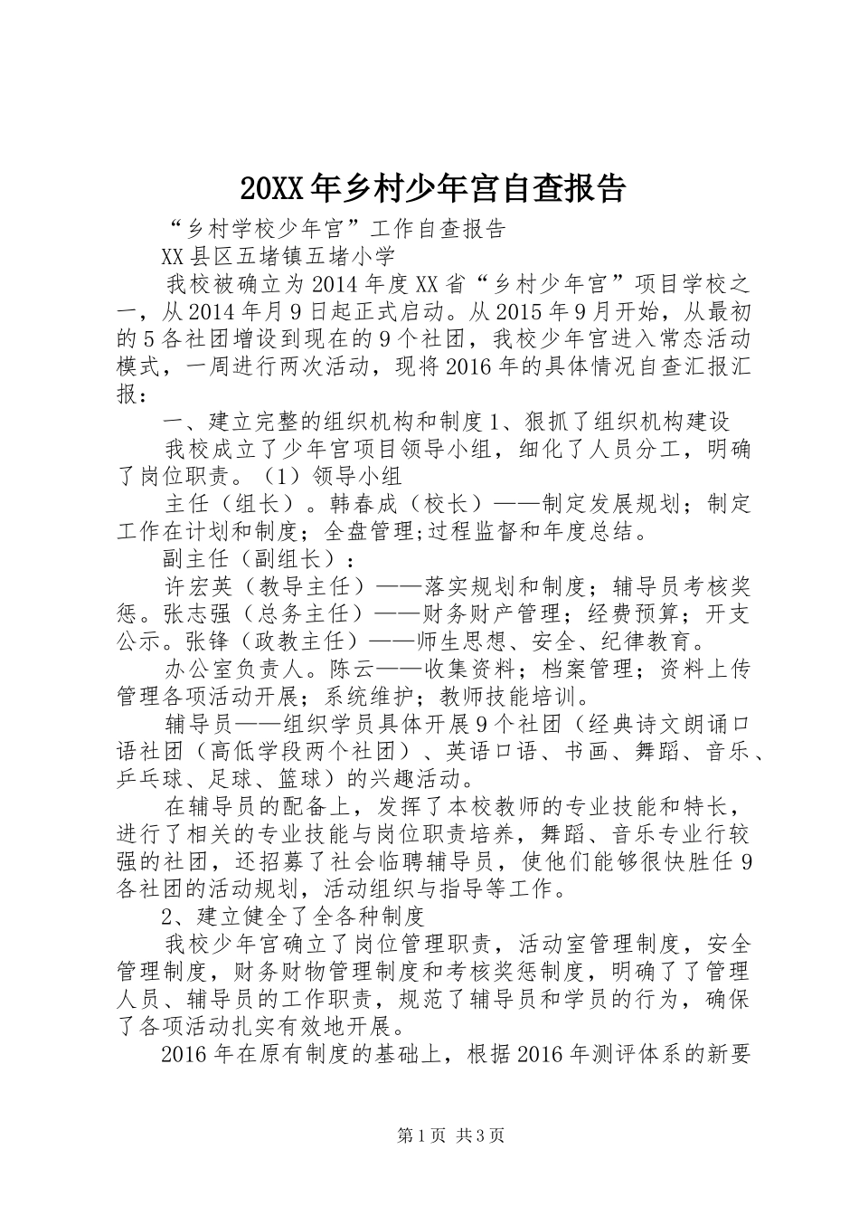 20XX年乡村少年宫自查报告_第1页