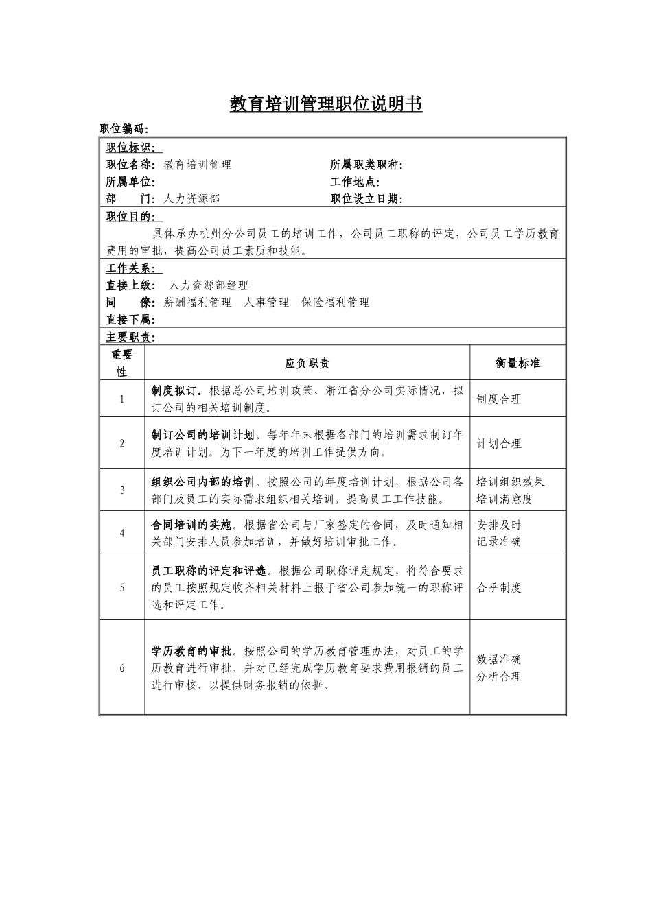 【服务管理】教育培训管理岗位说明书_第1页