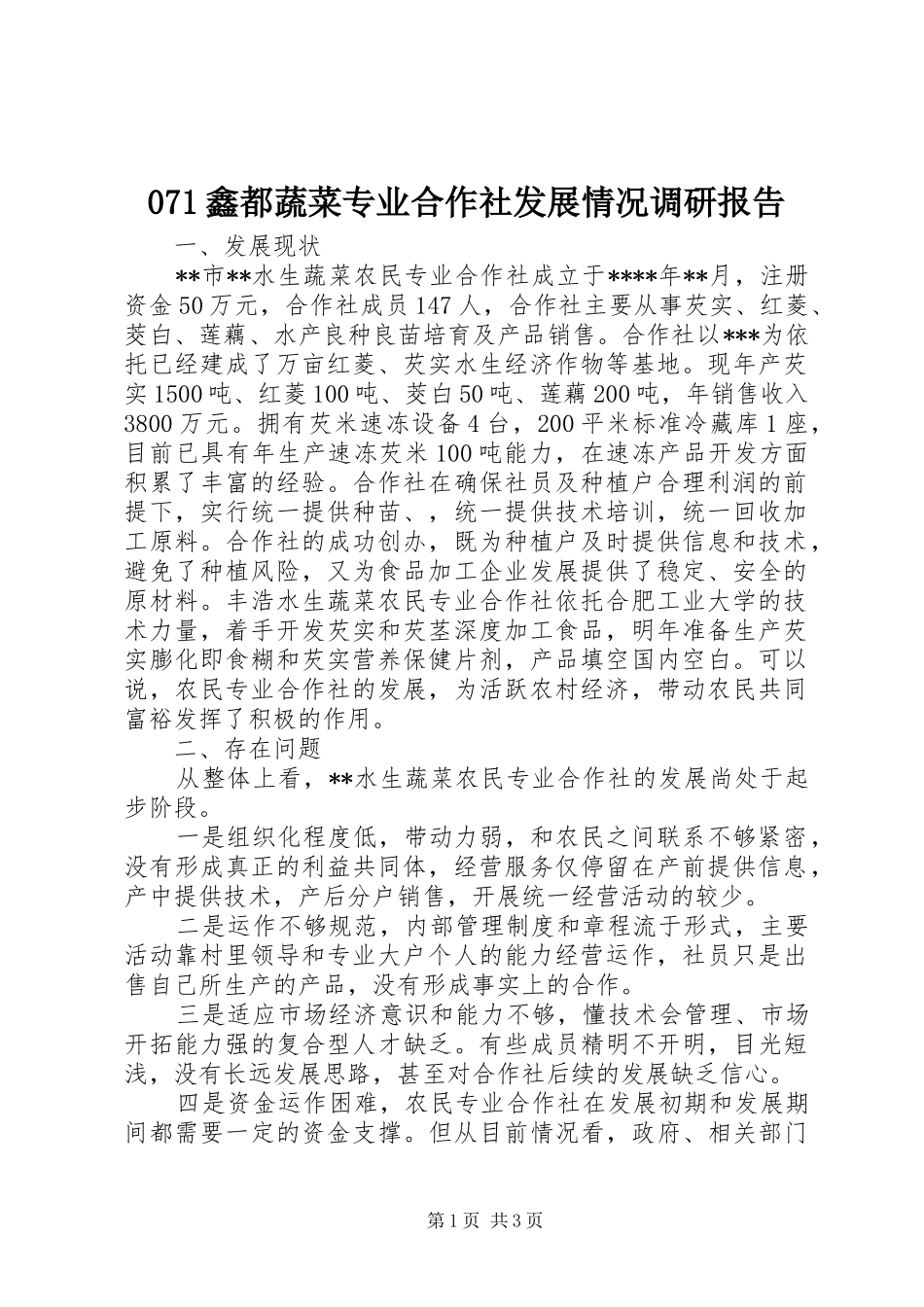 071鑫都蔬菜专业合作社发展情况调研报告 _第1页