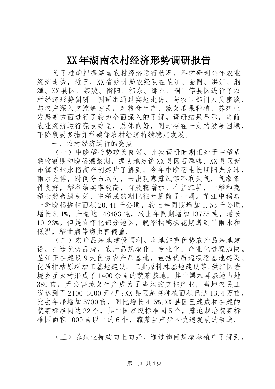 XX年湖南农村经济形势调研报告 _第1页