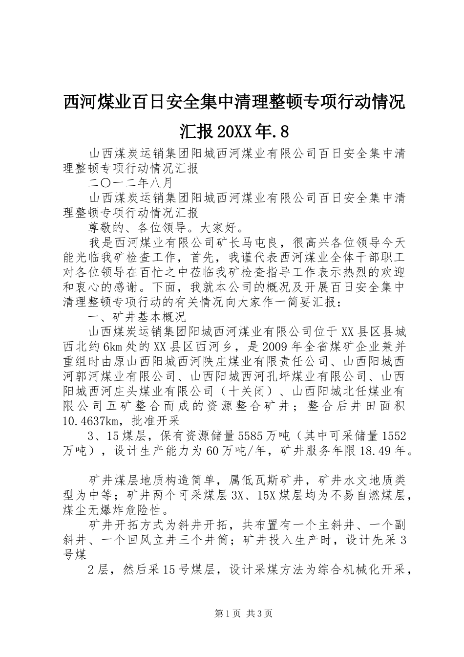 西河煤业百日安全集中清理整顿专项行动情况汇报20XX年.8_第1页