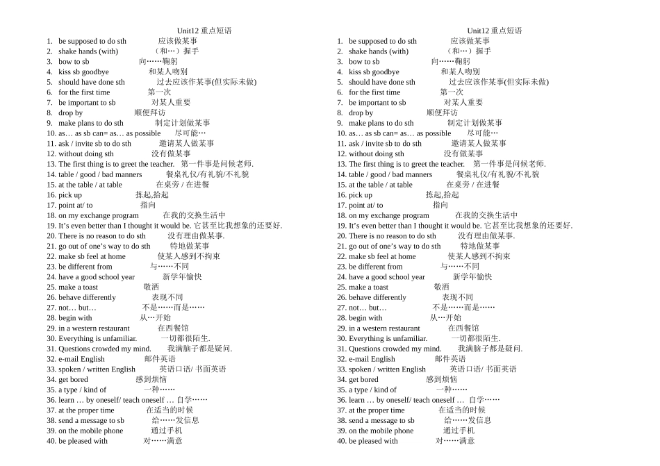 unit 12《you are supposed to shake hands》短语（人教新目标九年级）doc--初中英语 _第1页