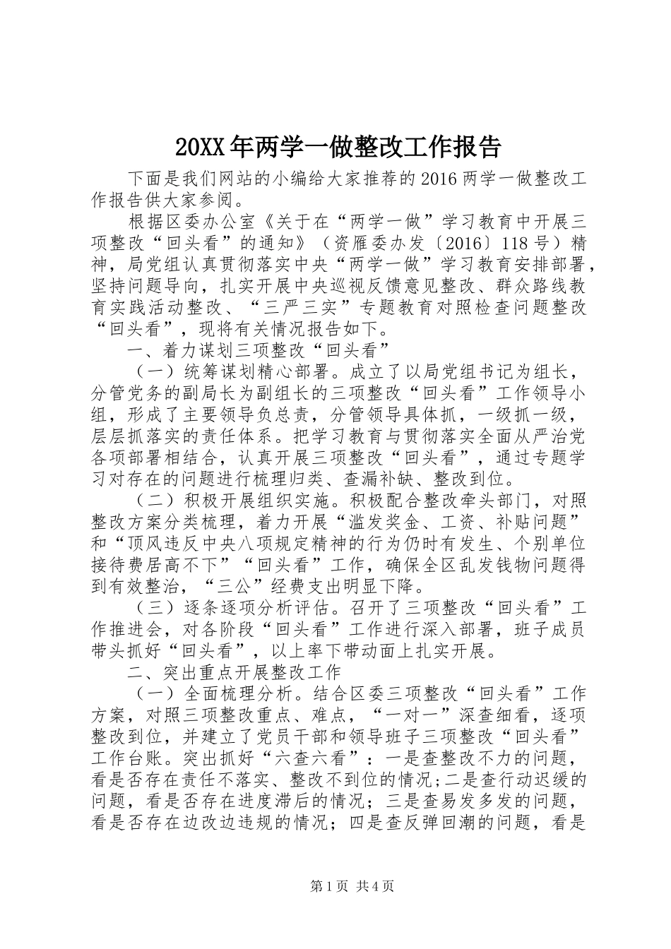 20XX年两学一做整改工作报告_第1页