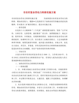 市农村富余劳动力转移实施方案 