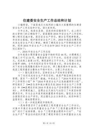 住建委安全生产工作总结和计划