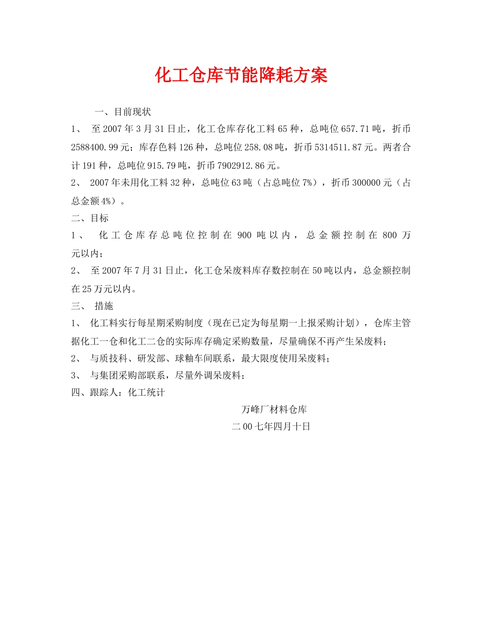 《安全管理环保》之化工仓库节能降耗方案 _第1页
