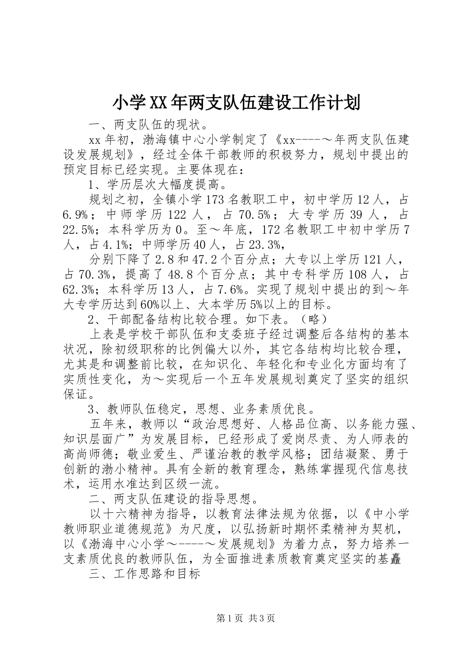 小学XX年两支队伍建设工作计划_第1页