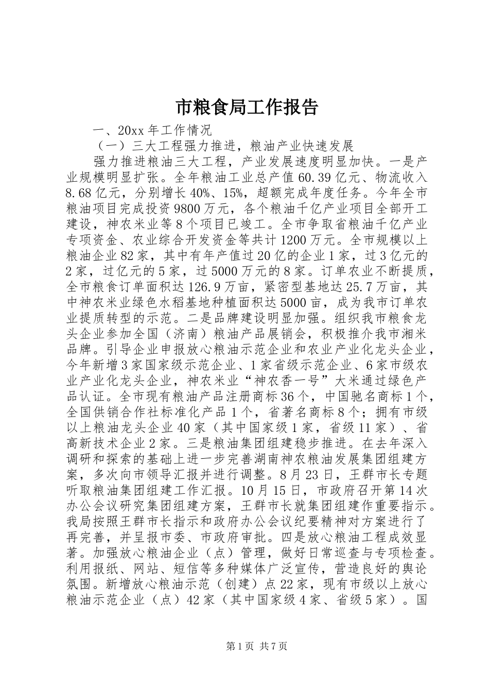 市粮食局工作报告 _第1页