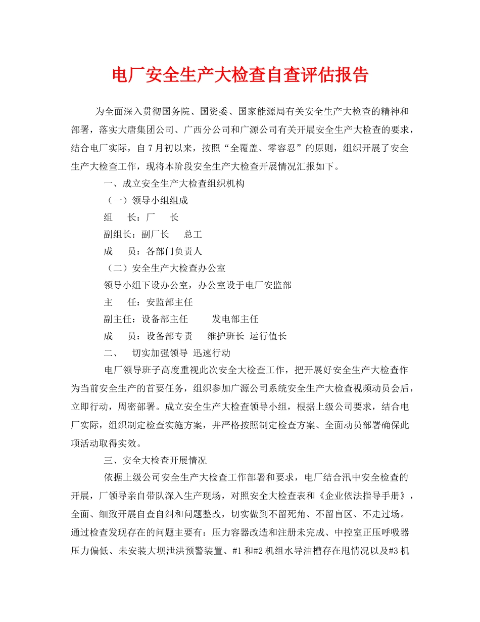 《安全管理文档》之电厂安全生产大检查自查评估报告 _第1页