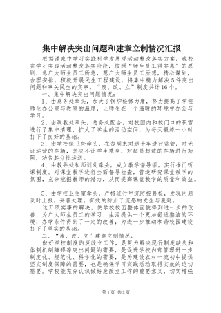 集中解决突出问题和建章立制情况汇报 