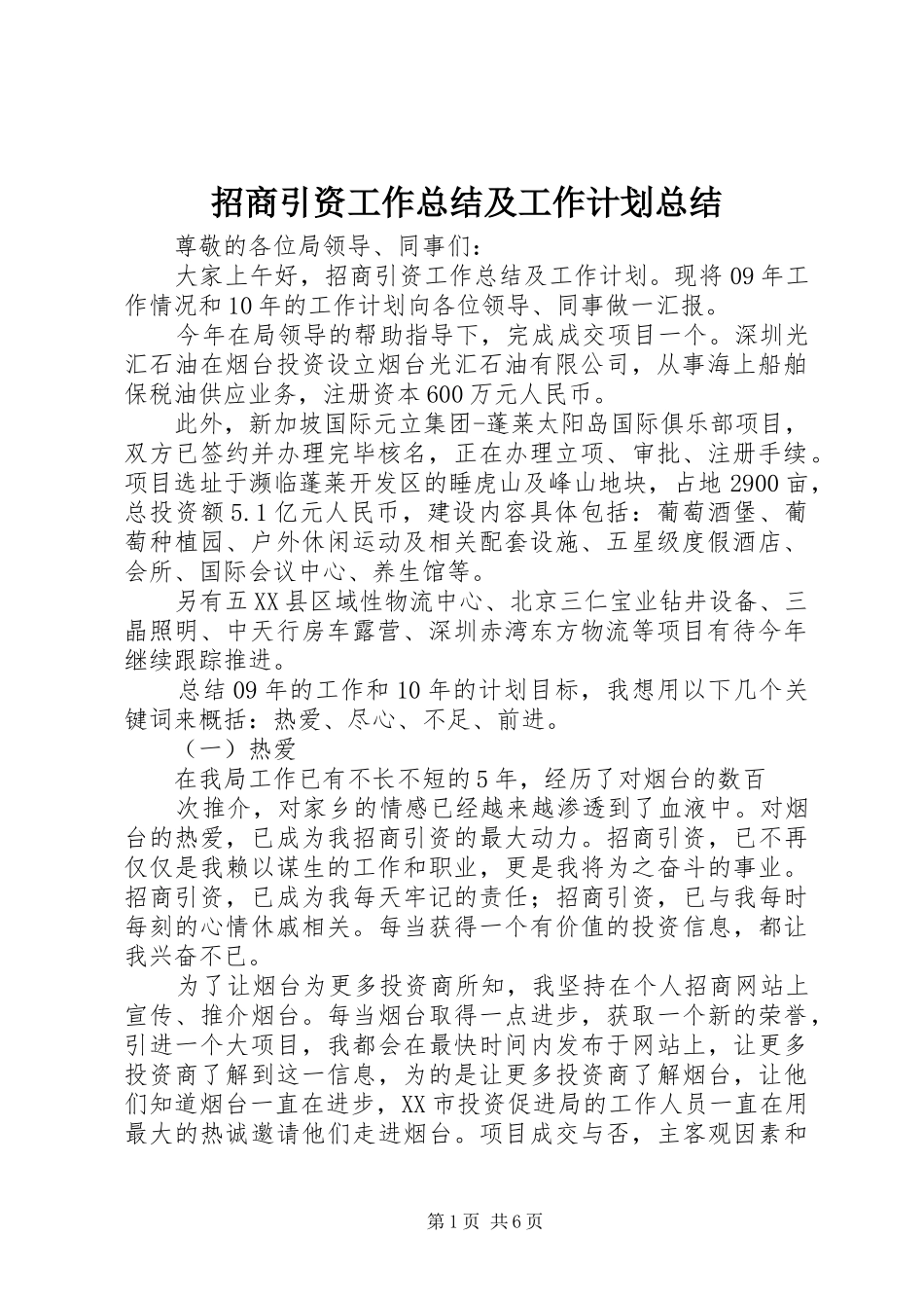招商引资工作总结及工作计划总结_第1页