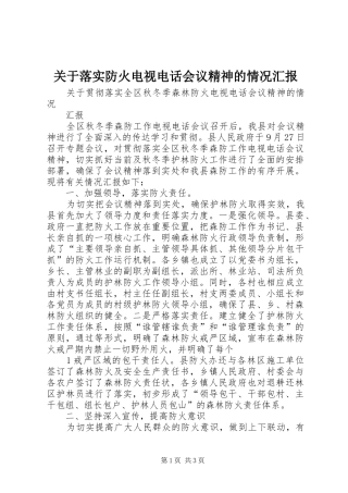 关于落实防火电视电话会议精神的情况汇报 