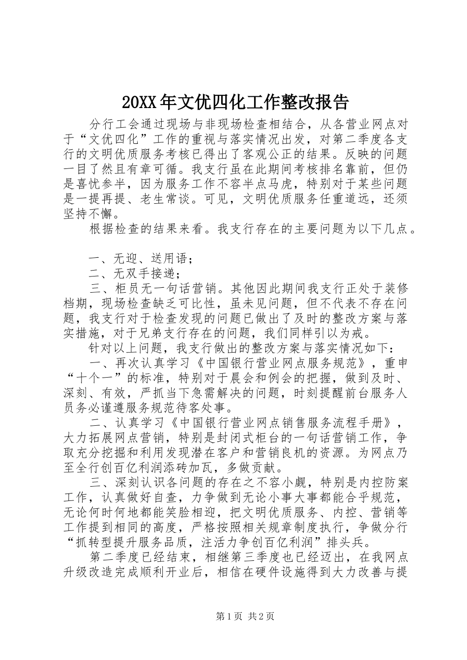 20XX年文优四化工作整改报告_第1页