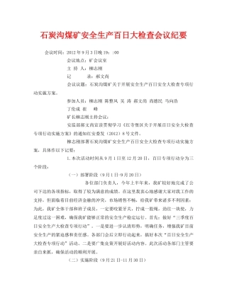 《安全管理文档》之石炭沟煤矿安全生产百日大检查会议纪要 
