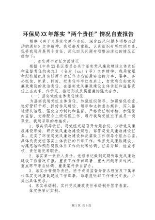 环保局XX年落实“两个责任”情况自查报告 