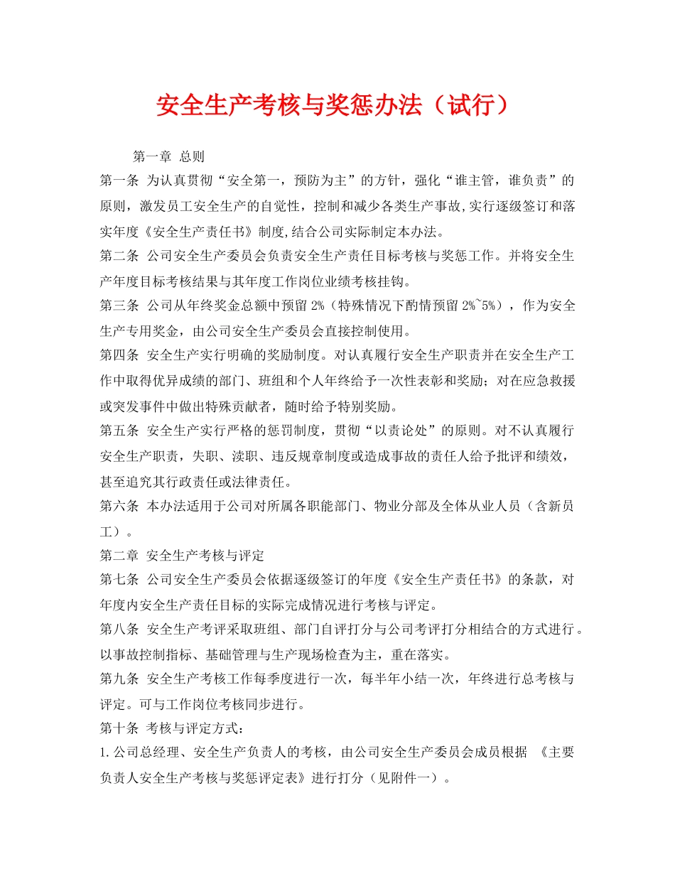 《安全管理》之安全生产考核与奖惩办法（试行） _第1页