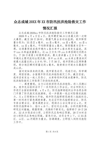 众志成城20XX年XX市防汛抗洪抢险救灾工作情况汇报