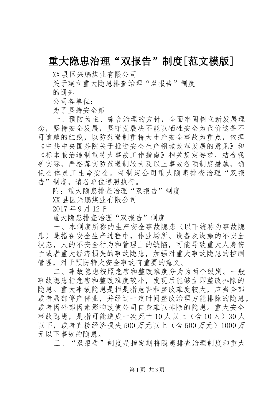 重大隐患治理“双报告”规章制度[范文模版]_第1页