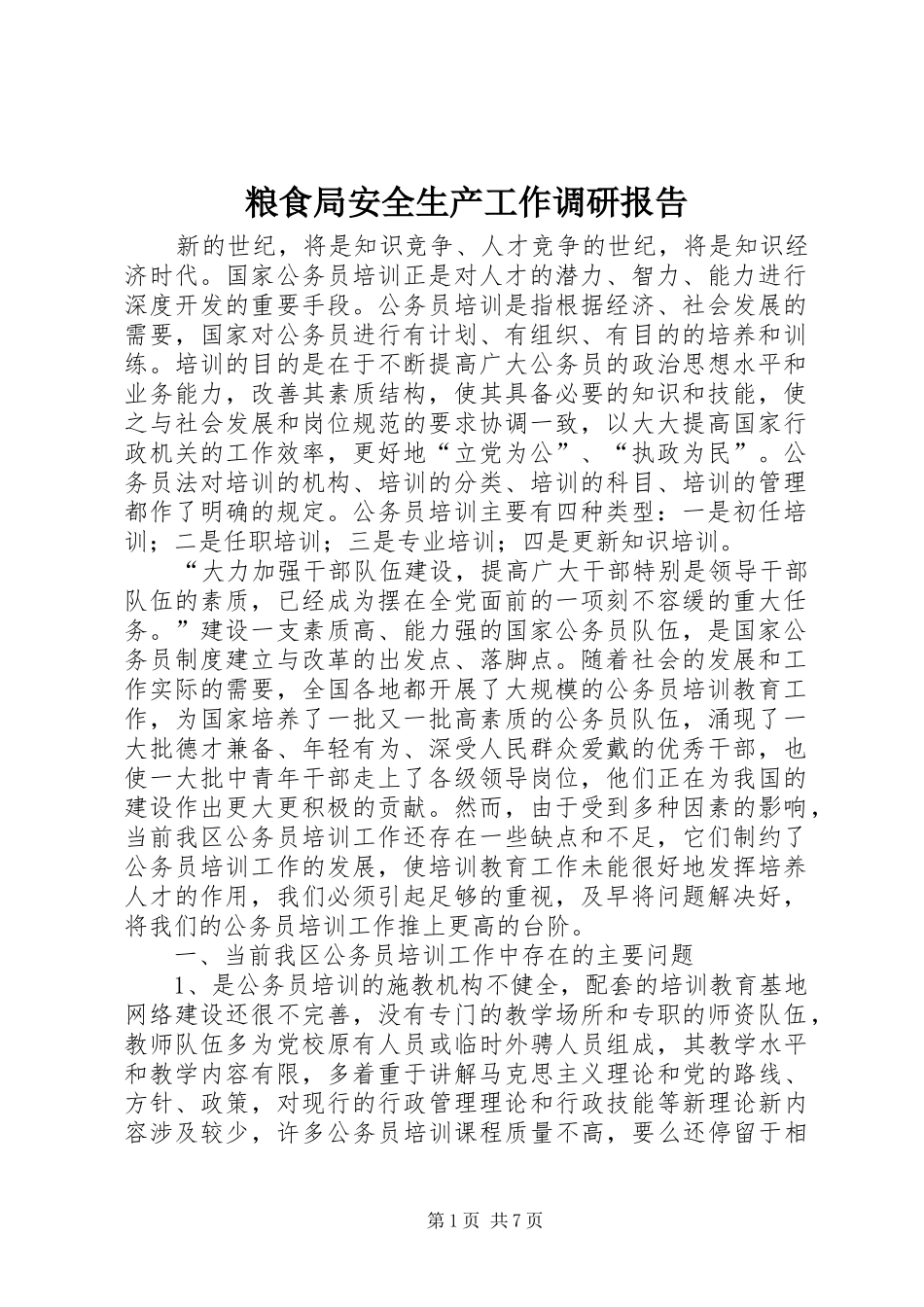 粮食局安全生产工作调研报告 _第1页