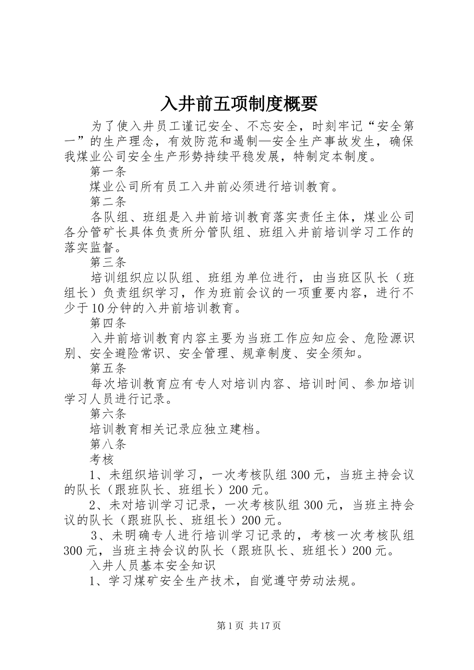 入井前五项规章制度概要_第1页