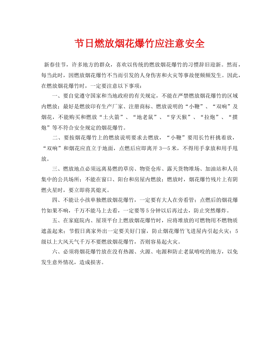 《安全常识-灾害防范》之节日燃放烟花爆竹应注意安全 _第1页