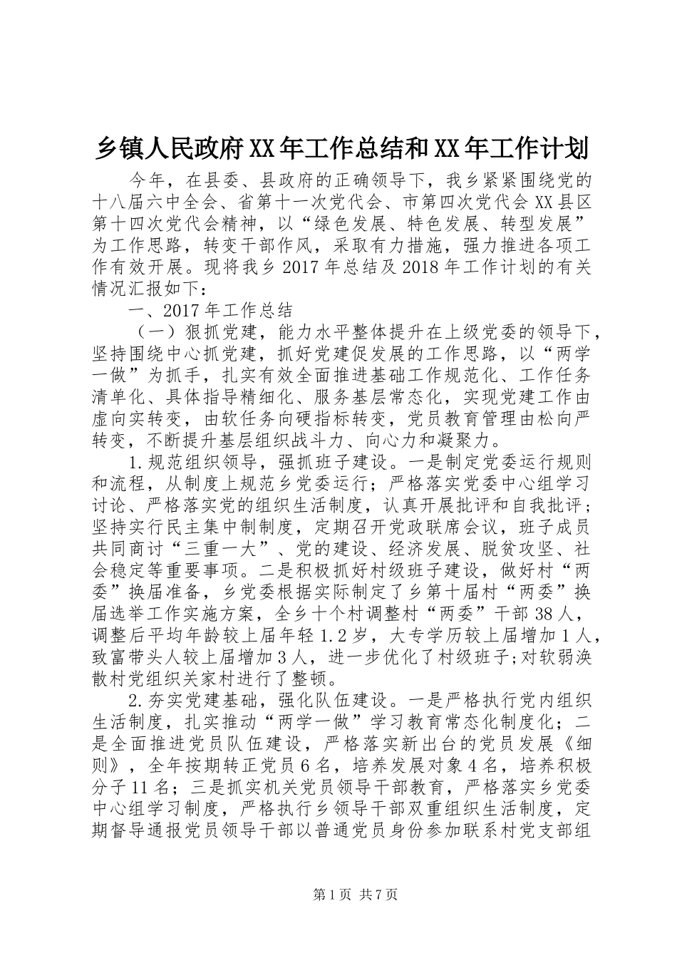 乡镇人民政府XX年工作总结和XX年工作计划_第1页