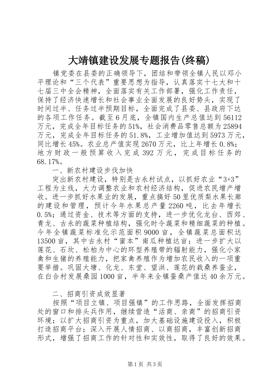 大靖镇建设发展专题报告(终稿) _第1页