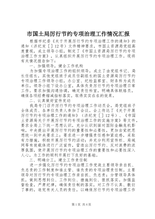 市国土局厉行节约专项治理工作情况汇报 