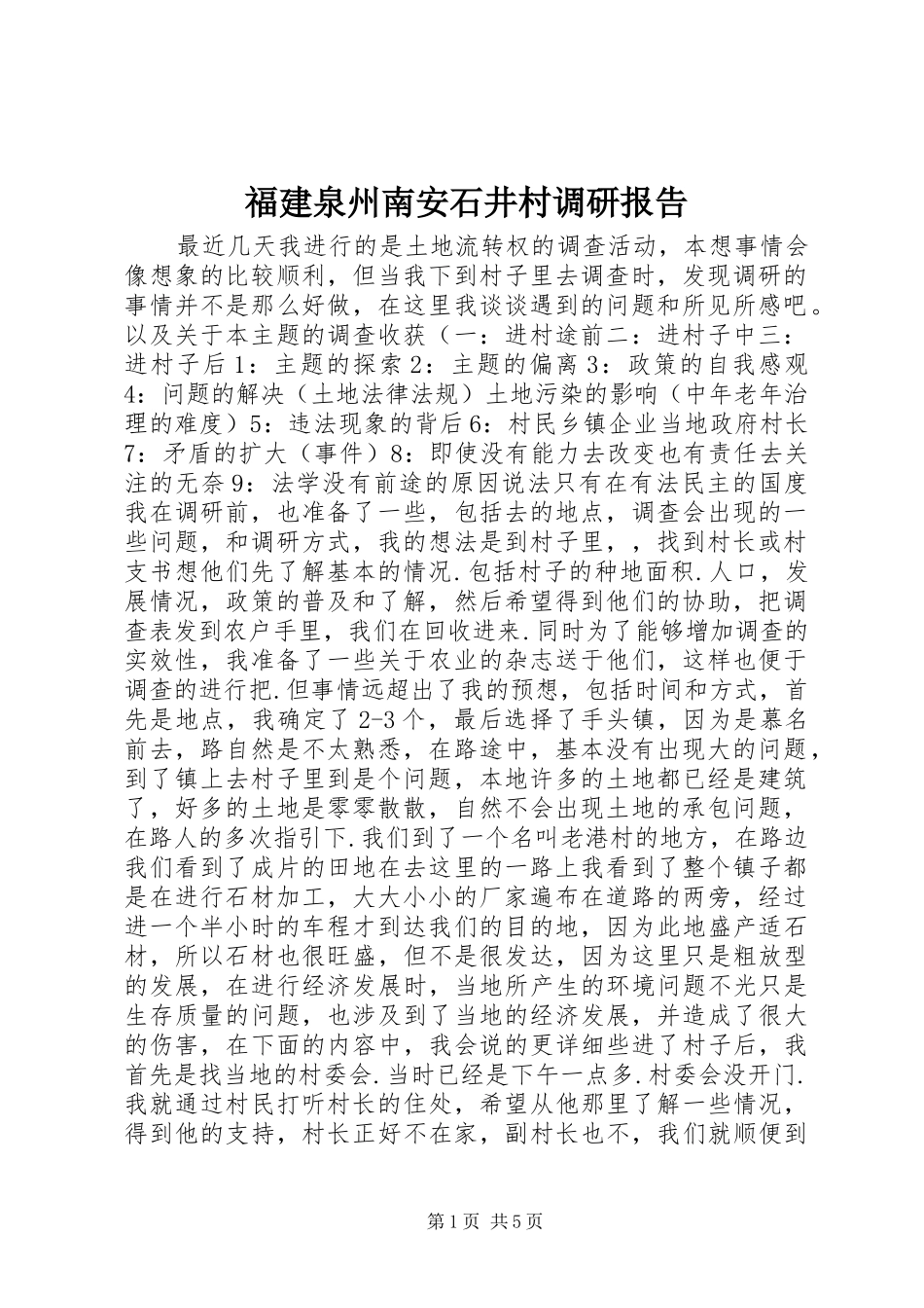 福建泉州南安石井村调研报告 _第1页