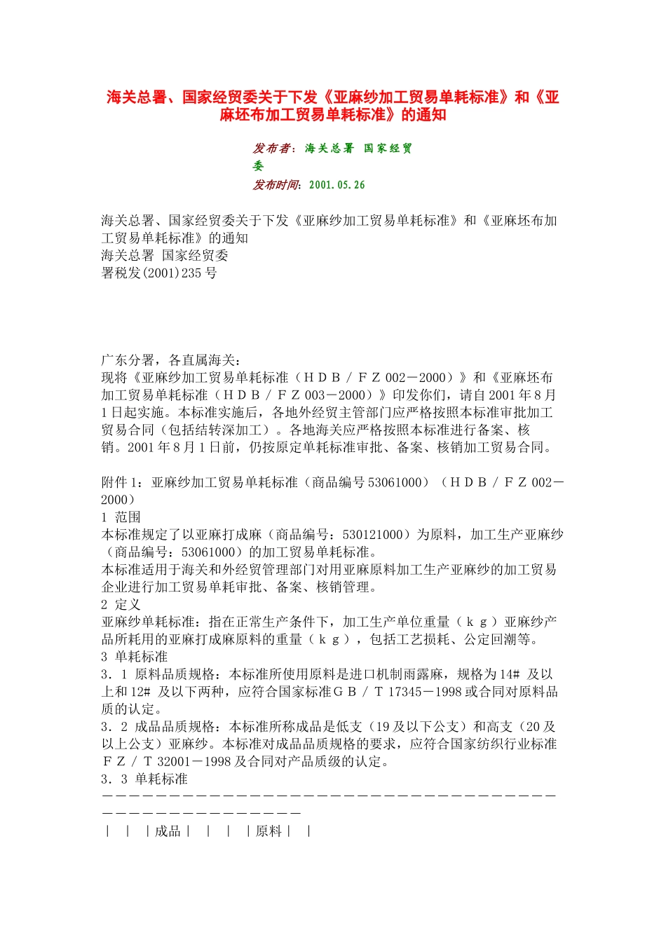 亚麻纱加工贸易单耗标准和亚麻坯布加工贸易单耗标准_第1页