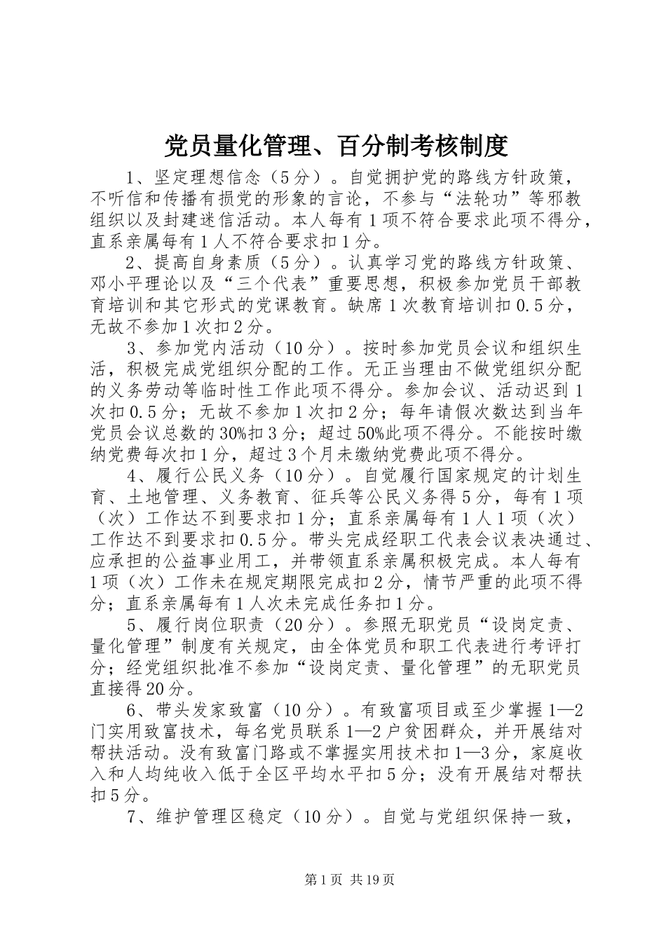 党员量化管理、百分制考核规章制度_第1页