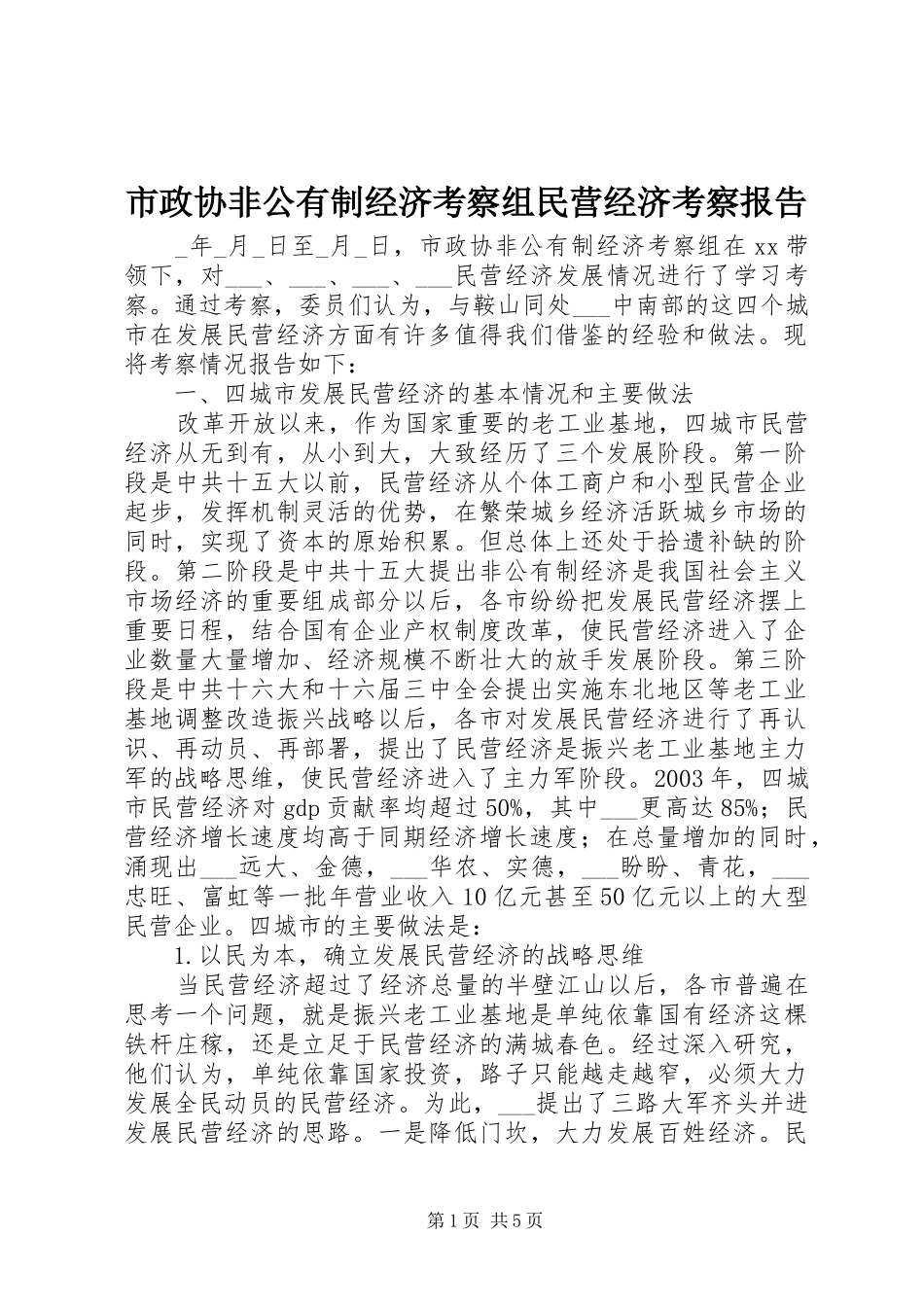 市政协非公有制经济考察组民营经济考察报告 _第1页
