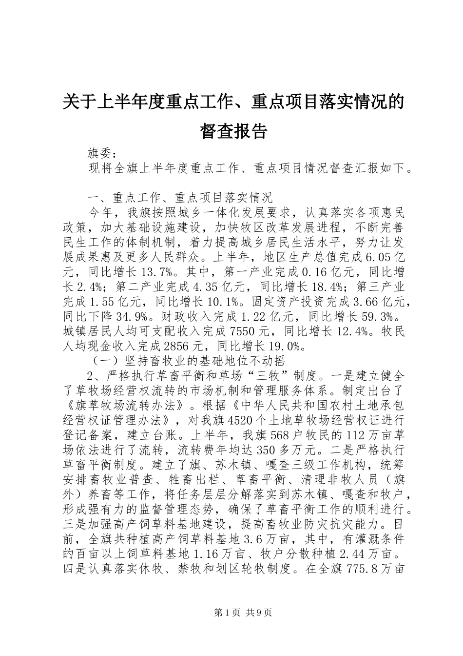 关于上半年度重点工作、重点项目落实情况的督查报告 _第1页