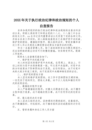 20XX年关于执行政治纪律和政治规矩的个人自查报告 