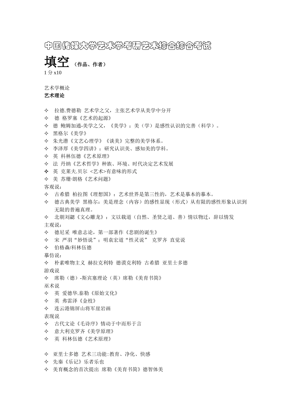 中国传媒大学艺术学考研-艺术综合(填空、简释、简答、论述)_第1页
