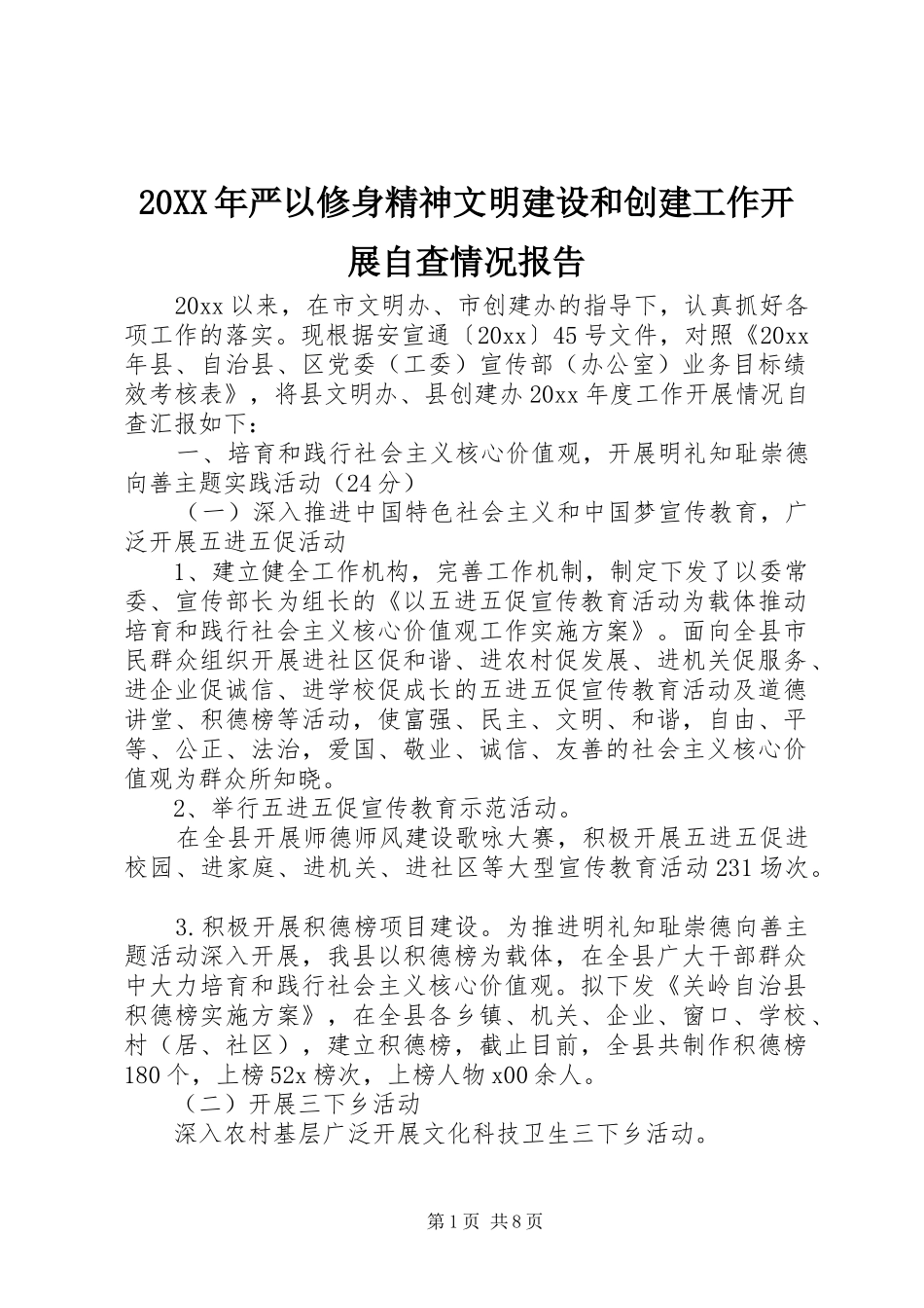20XX年严以修身精神文明建设和创建工作开展自查情况报告 _第1页