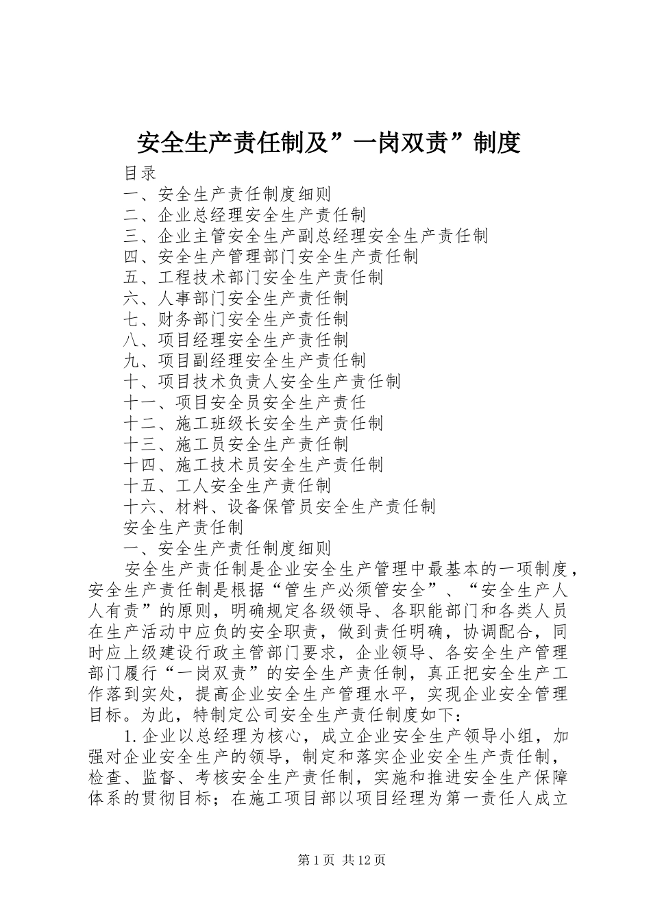 安全生产责任制及”一岗双责”规章制度  (2)_第1页