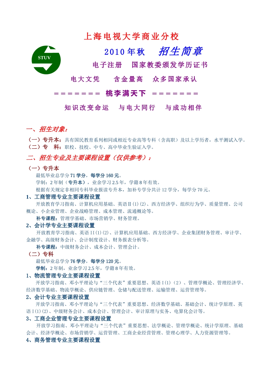 上海电视大学商业分校XXXX年秋招生简章-上海电视大学商_第1页