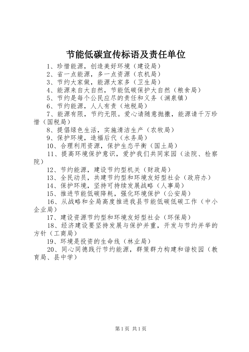 节能低碳宣传标语集锦及责任单位_第1页