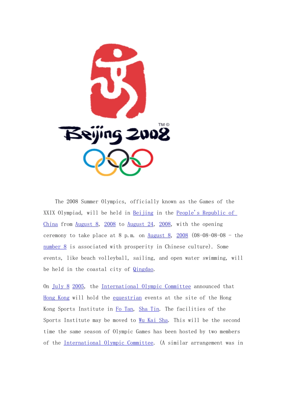 the 2008 summer olympicsdoc--初中英语 _第1页