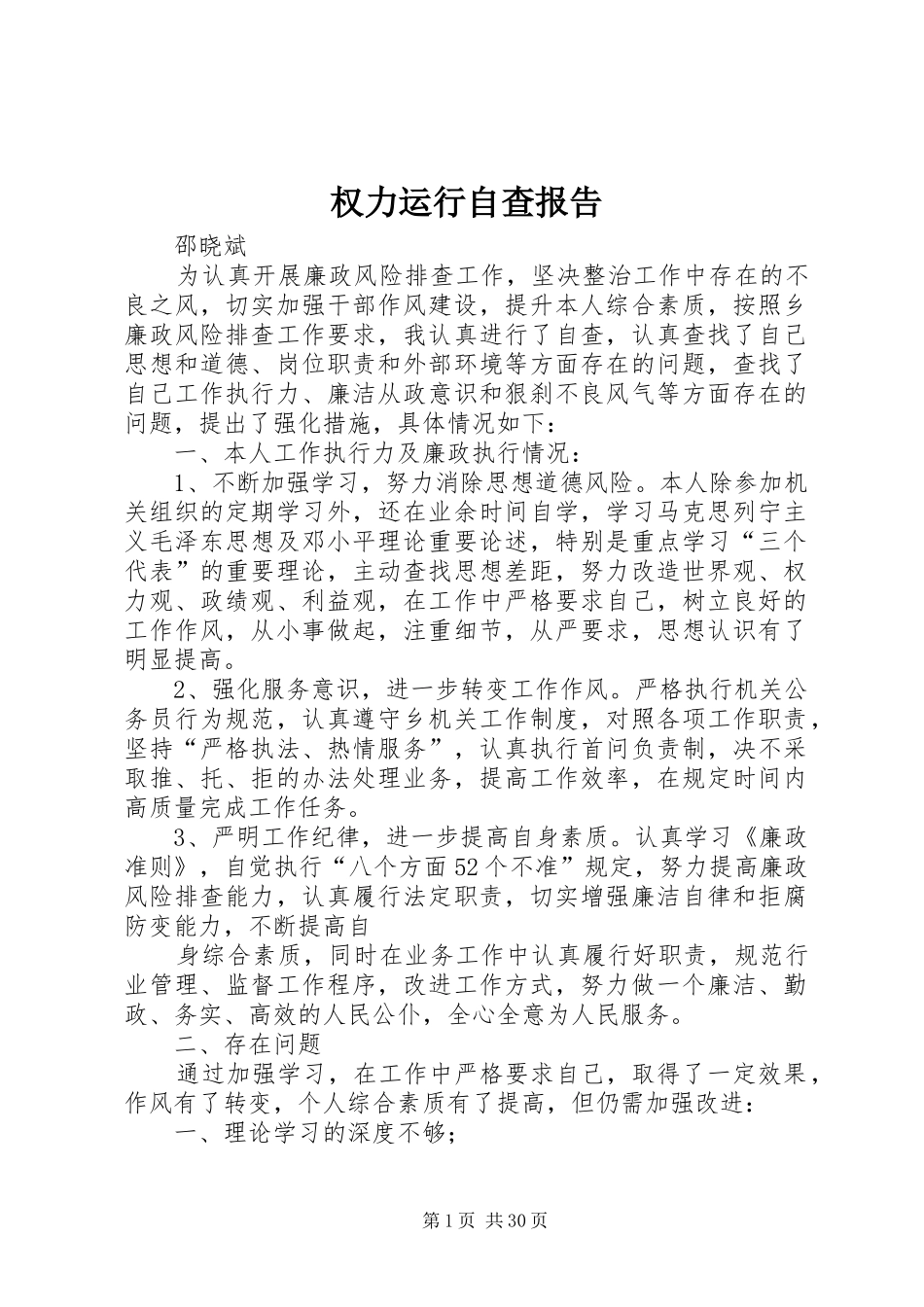 权力运行自查报告 _第1页