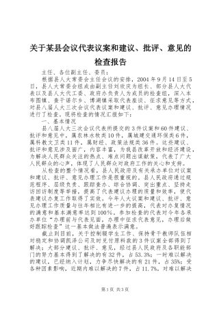 关于某县会议代表议案和建议、批评、意见的检查报告 