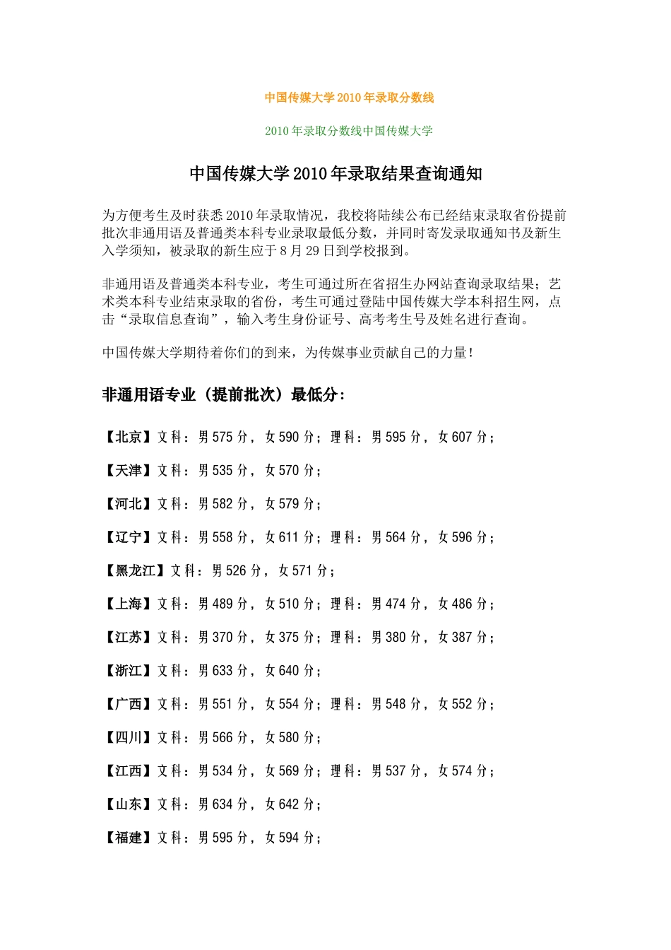 中国传媒大学XXXX年录取分数线_第1页