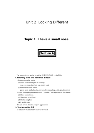 unit 2 topic 1《i have a small nose》 教案（仁爱英语七年级上）doc--初中英语 