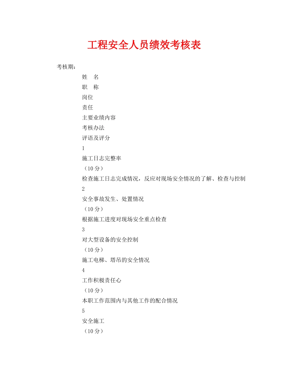 《安全管理》之工程安全人员绩效考核表 _第1页