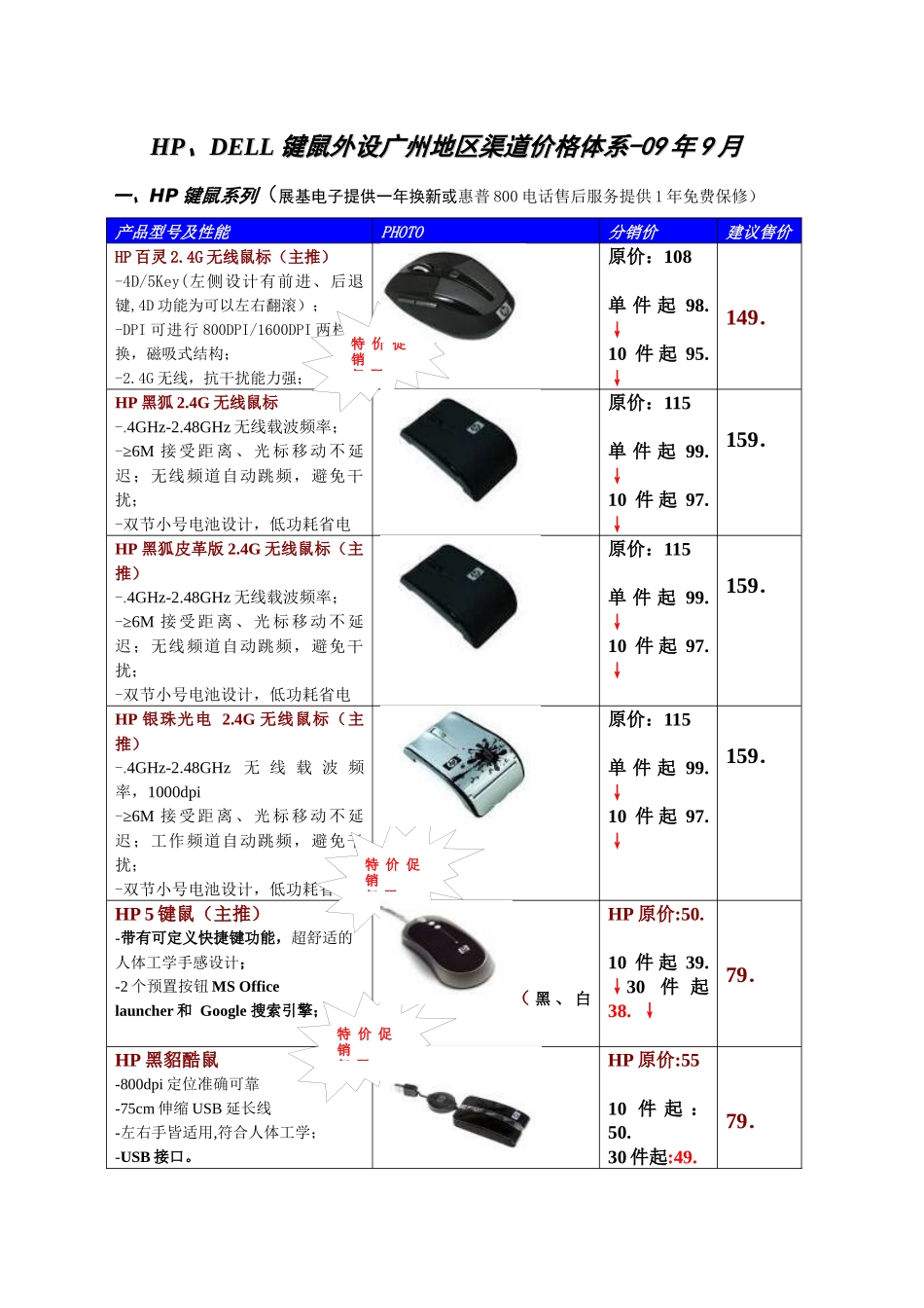 DELL键鼠外设广州地区渠道价格体系-09年9月_第1页