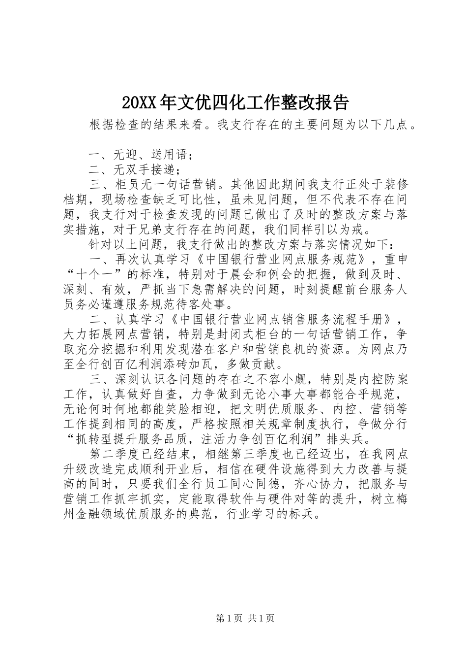 20XX年文优四化工作整改报告 _第1页