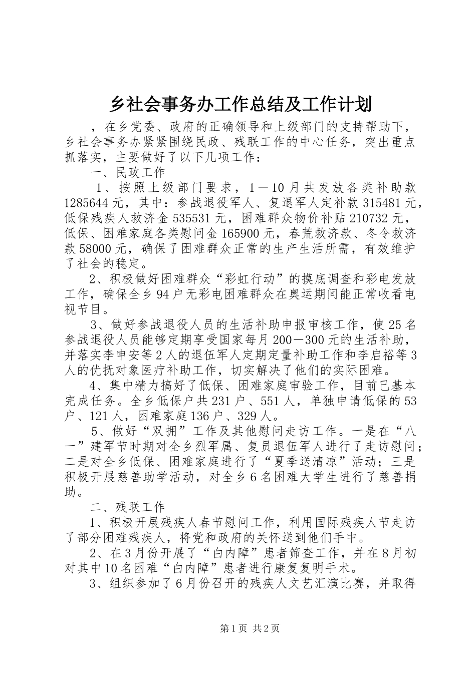 乡社会事务办工作总结及工作计划_第1页