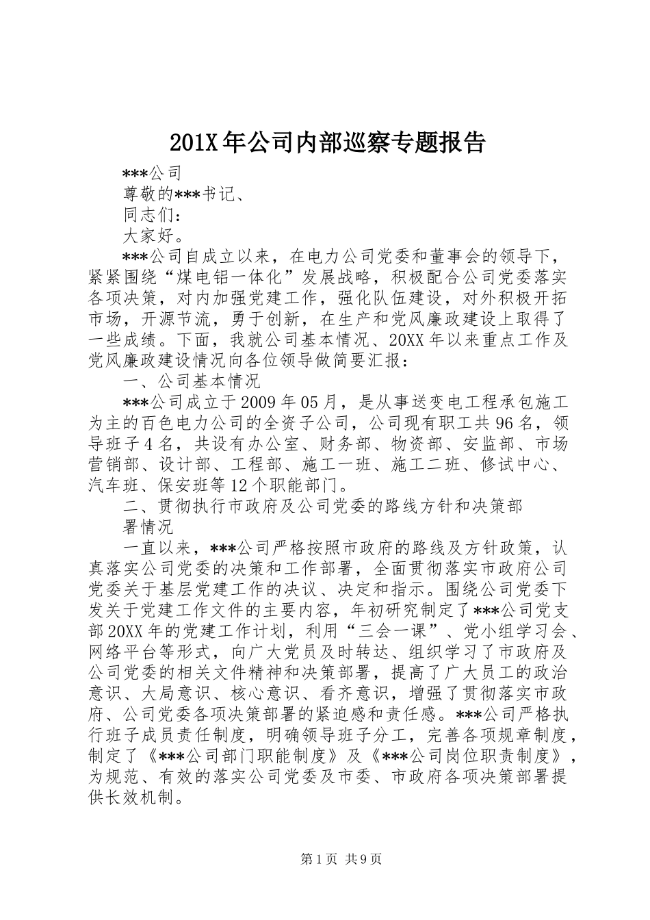 201X年公司内部巡察专题报告_第1页