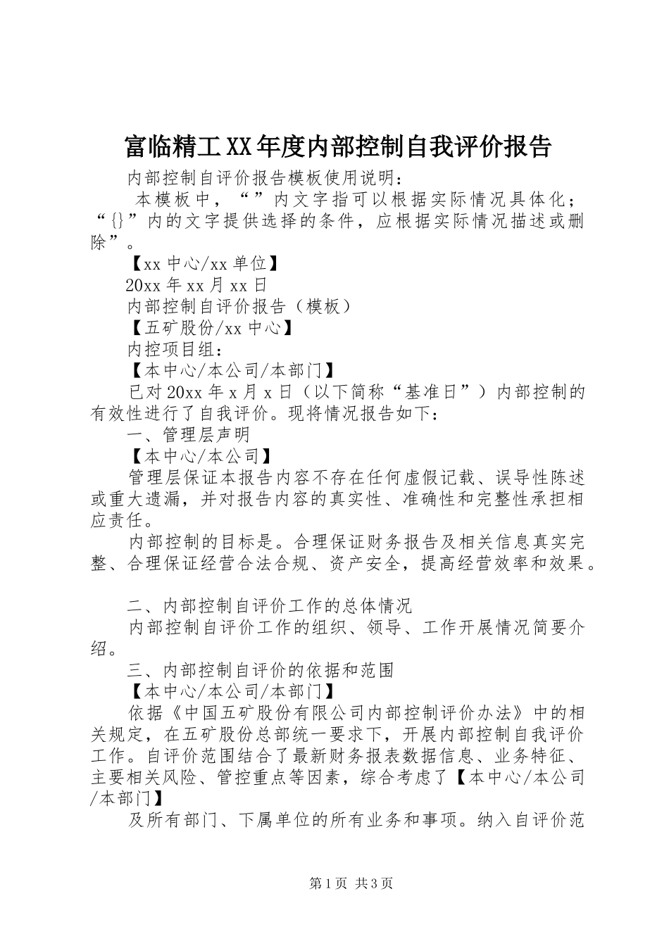 富临精工XX年度内部控制自我评价报告 _第1页
